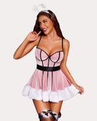 Pink Santa-style halter babydoll dress with black harness straps and white fur hem
