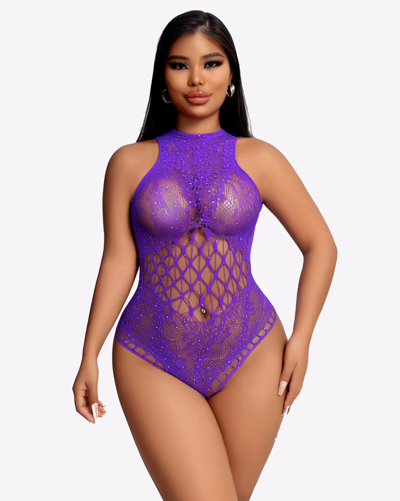 Purple rhinestone fishnet bodysuit, sleeveless high neck with diamond cutout mesh