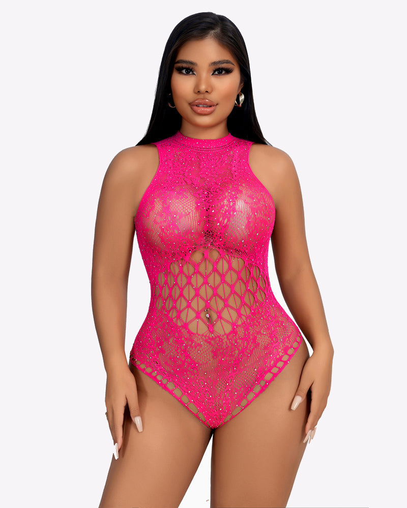 Pink rhinestone fishnet bodysuit with high neck and diamond lattice waist cutouts