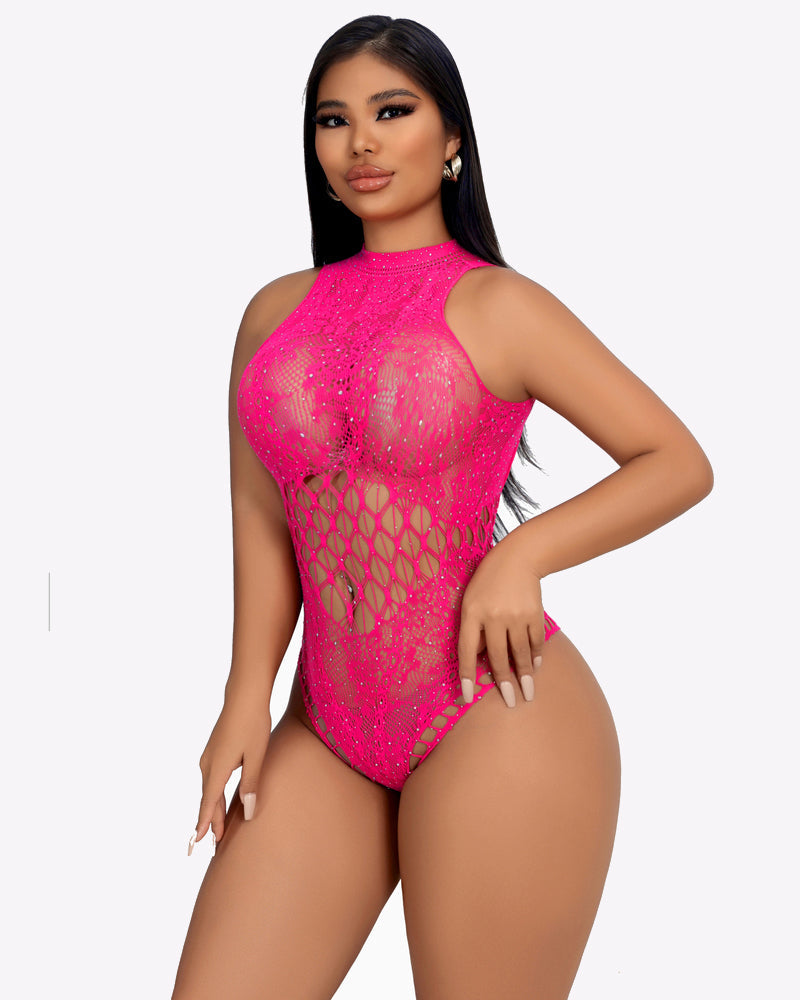 Pink rhinestone fishnet bodysuit, sleeveless high neck with open lattice back panel