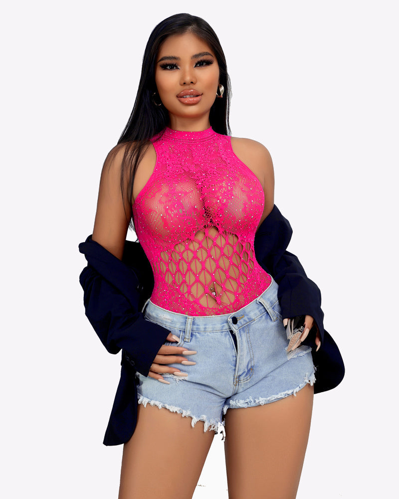 Hot pink rhinestone fishnet bodysuit with high neck and lattice cutout front