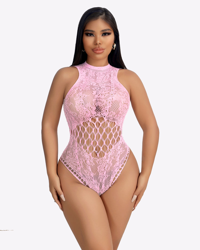 Light pink fishnet bodysuit with high neck and diamond lattice cutout front