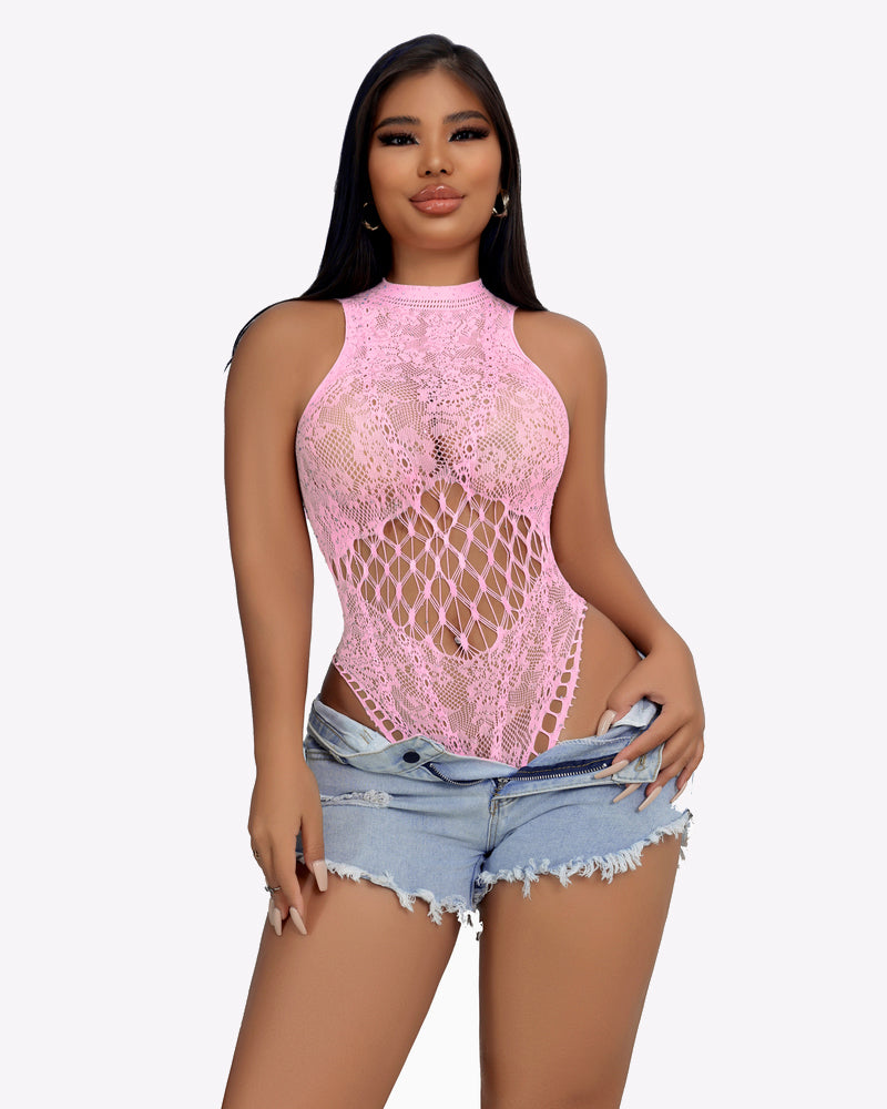 Light pink fishnet bodysuit with high neck and diamond lattice back cutout