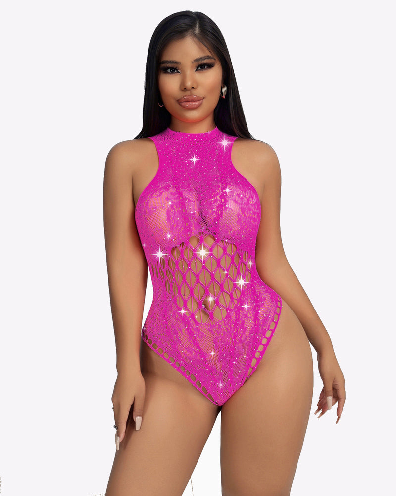 Fuchsia rhinestone fishnet bodysuit with high neck and sparkle lattice cutouts