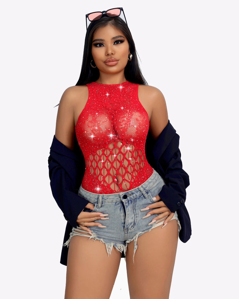 Red rhinestone fishnet bodysuit, lattice midsection with sheer mesh panel