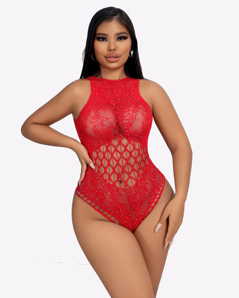 Red rhinestone fishnet bodysuit, high neckline and open lattice waist