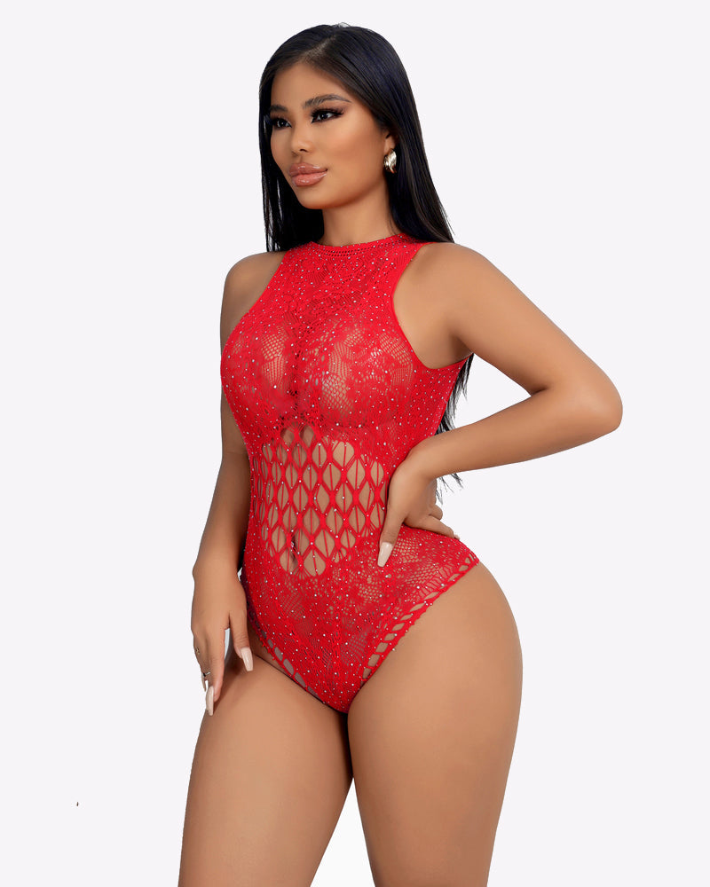 Red rhinestone fishnet bodysuit with side cutout and lattice front