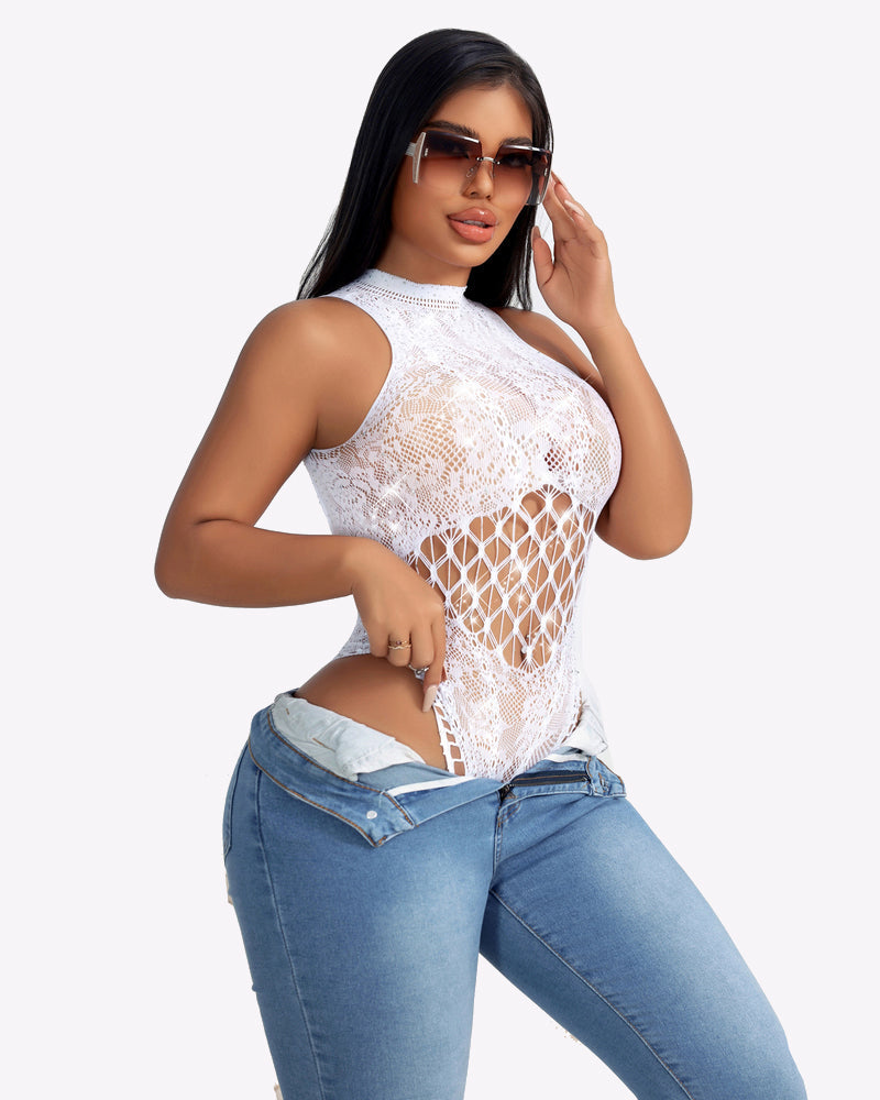 White fishnet rhinestone bodysuit with cutout lattice front and high neckline