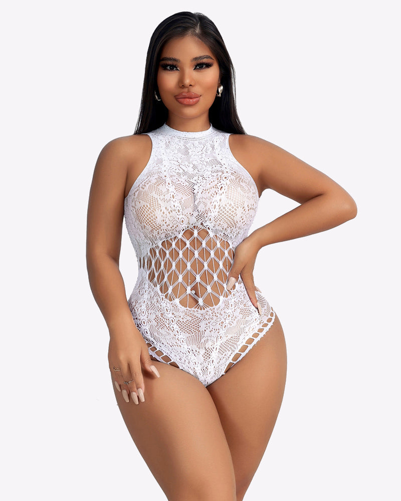 White fishnet rhinestone bodysuit with sleeveless high neck and diamond cutout