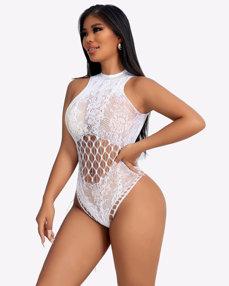 White fishnet rhinestone bodysuit with side cutouts and high halter neckline