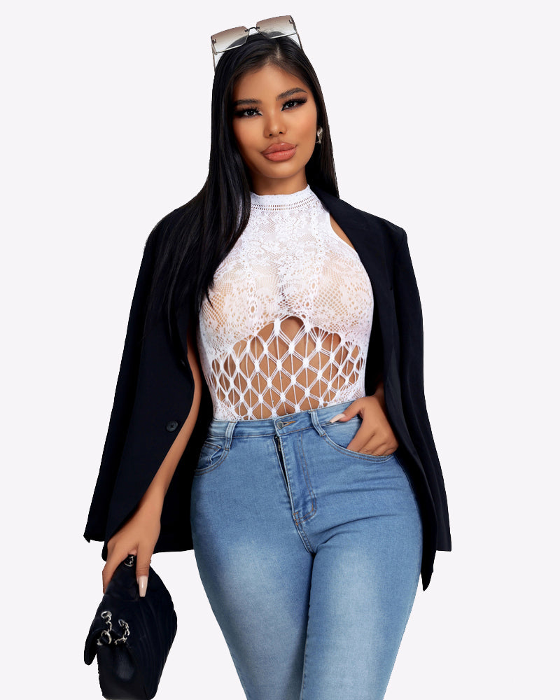 White fishnet rhinestone bodysuit with sleeveless high neck and diamond cutout front