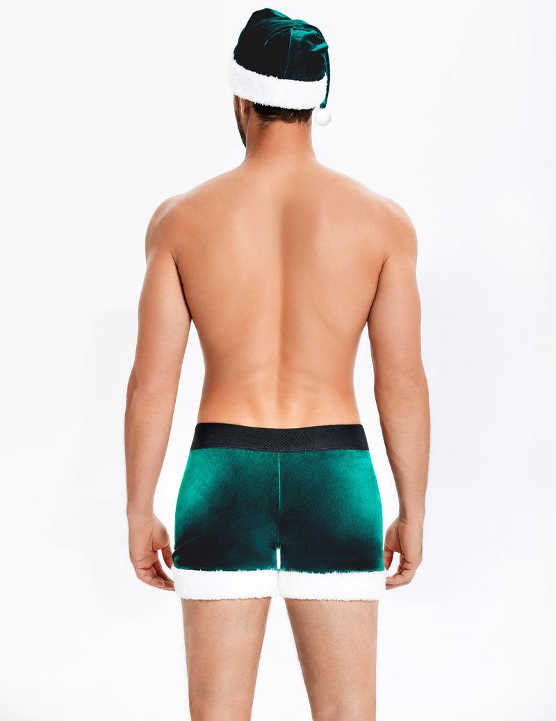 Men's green velvet boxer briefs with Santa hat, back view, white trim and center seam