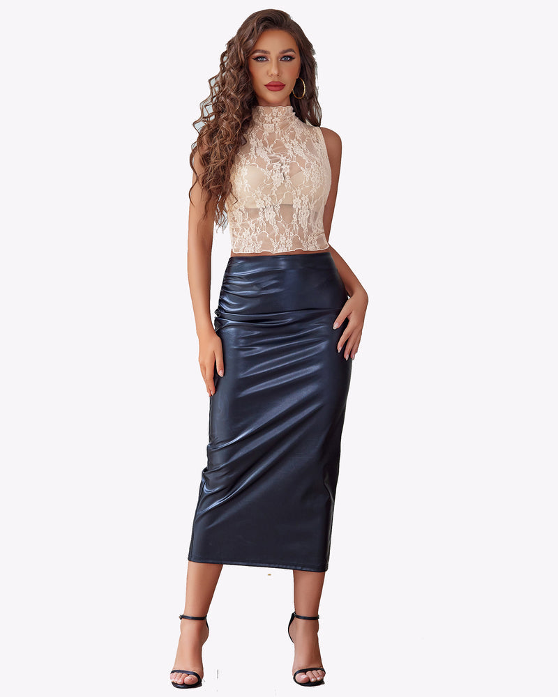 Cream mock neck lace floral see-through sleeveless crop tank top.