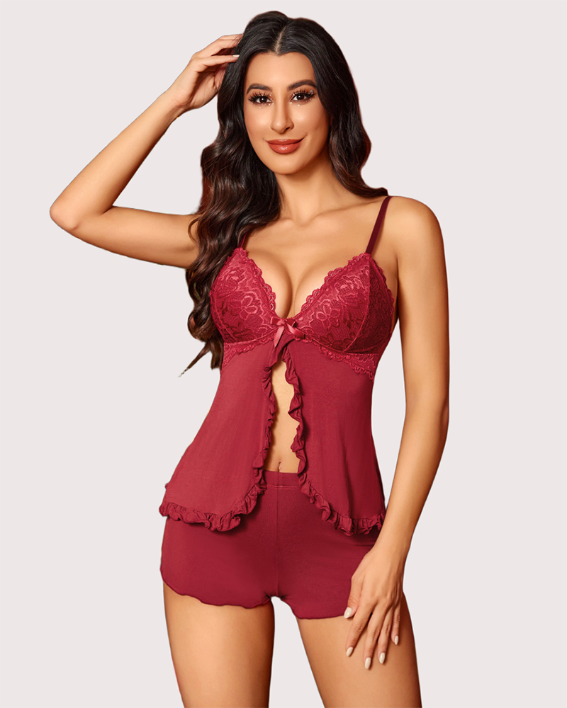 Wine red lace modal pajama set: tie-front camisole with ruffle hem and matching shorts