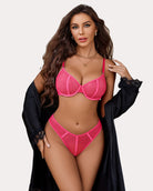 Mesh lace bra and panty set in rose pink sheer mesh with lace trim and high-cut brief