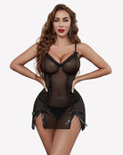 Black lace mesh nightdress with underwire cups, garter straps, and ribbon side ties