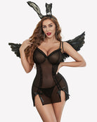 Black lace mesh nightdress with underwire cups, ribbon garter ties, and short hem
