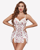 White floral lace nightdress with underwire cups, thin straps, and ribbon-trim side slits
