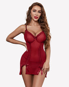 Wine red lace mesh side-split nightdress with underwire cups, lace trim, and bows