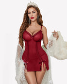 Wine red lace mesh side-split nightdress with underwire cups and lace trim