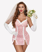 Pink floral lace mesh nightdress, sweetheart neckline, lace trim, side slits with ties