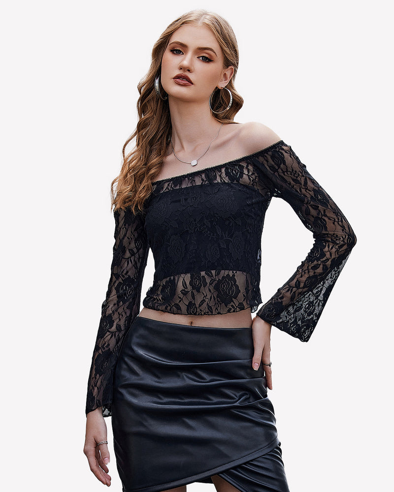 Black lace mesh off-shoulder long-sleeve crop top with floral pattern