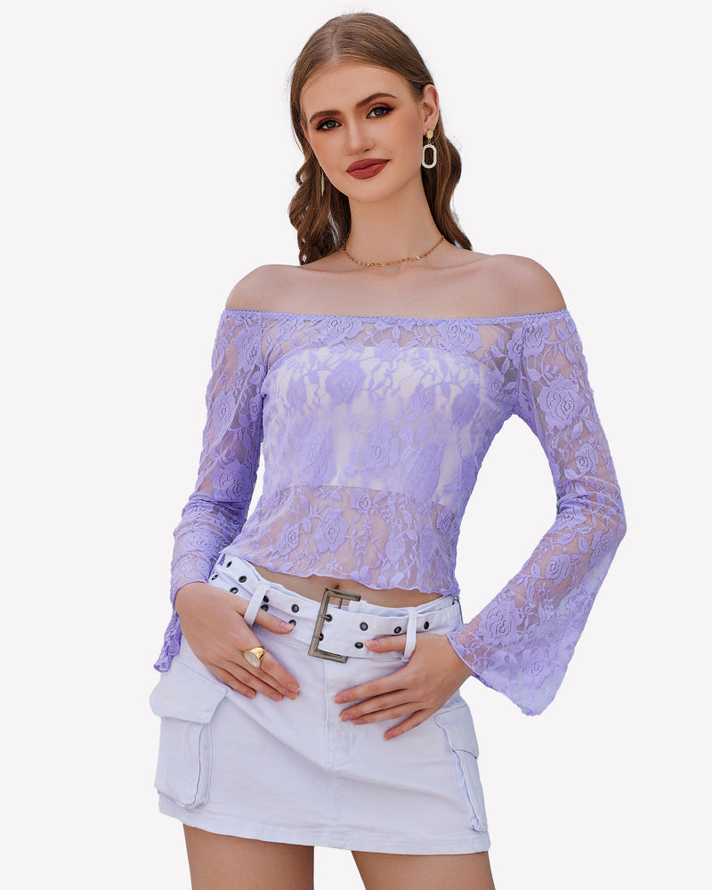 Lilac lace mesh off-shoulder crop top with long sleeves and lace trim