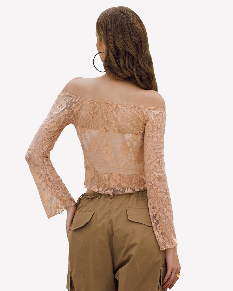 Nude lace mesh off-shoulder crop top with long sleeves, back view