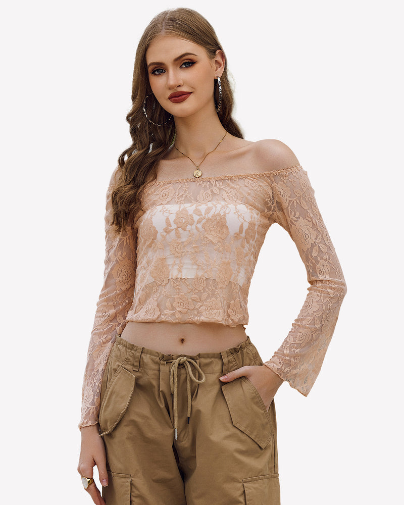 Nude lace mesh off-shoulder long-sleeve crop top with floral overlay
