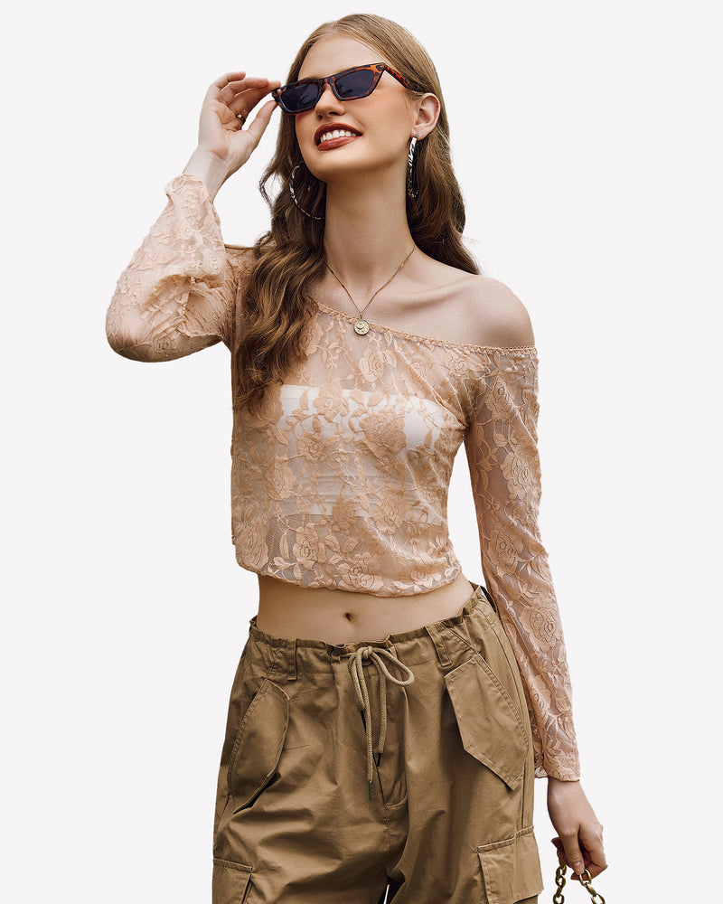 Nude lace mesh off-shoulder long-sleeve crop top with floral pattern
