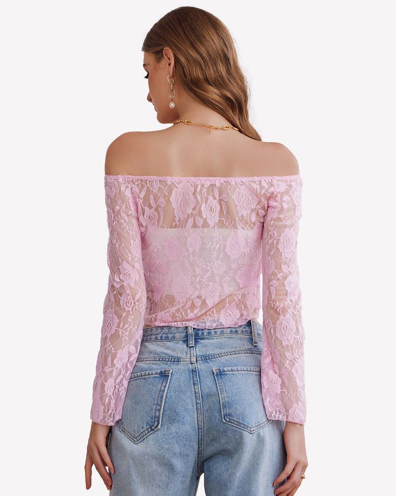 Lilac off-shoulder lace mesh crop top with long sleeves, sheer floral lace back