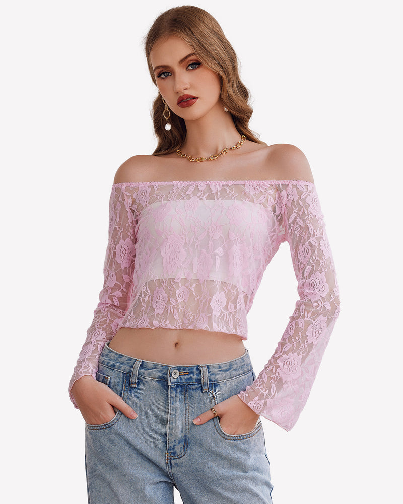Lilac off-shoulder lace mesh crop top with long sleeves, sheer floral pattern