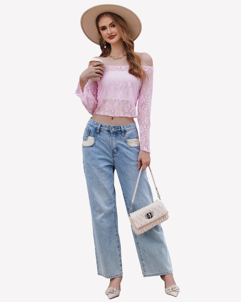 Light pink off-shoulder lace mesh crop top with long sleeves, sheer floral lace