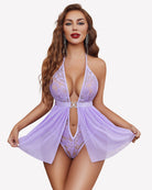 Light purple lace halter one-piece dress with front ring closure and sheer flared skirt