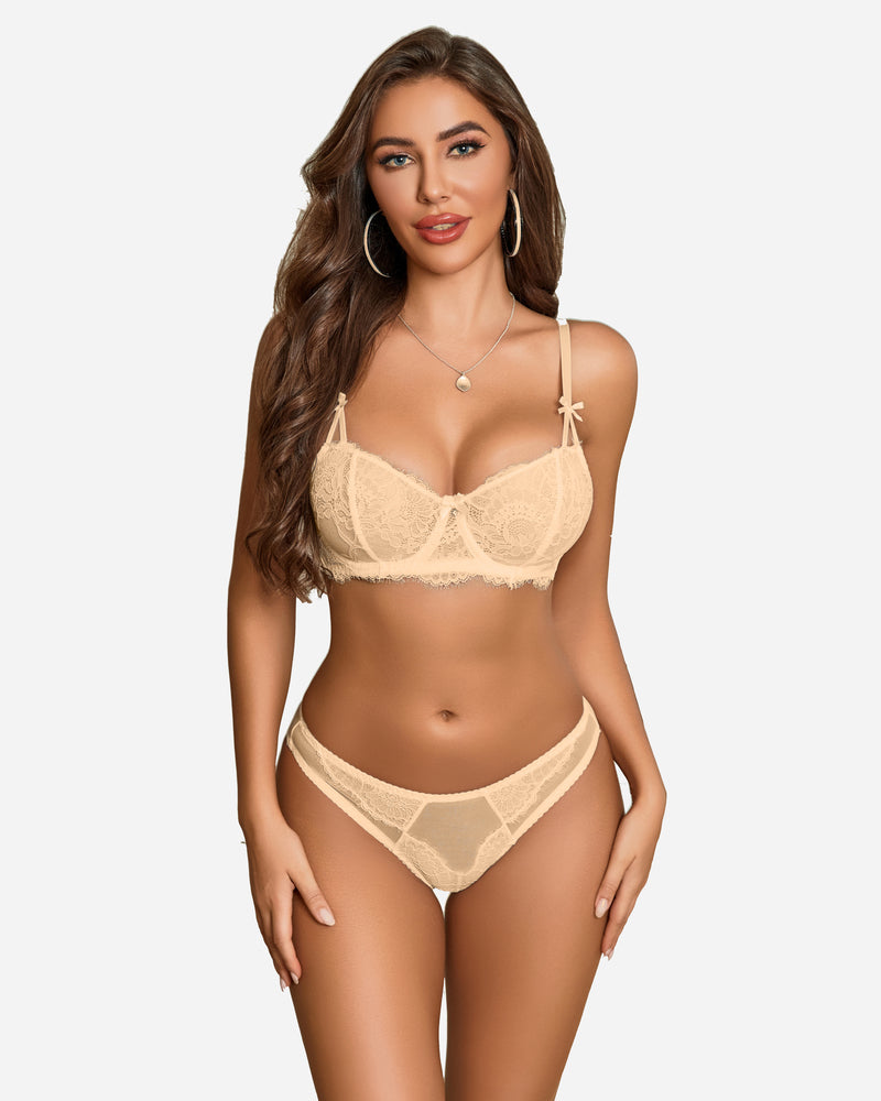 Champagne lace bra and matching lace panty set with scalloped trim