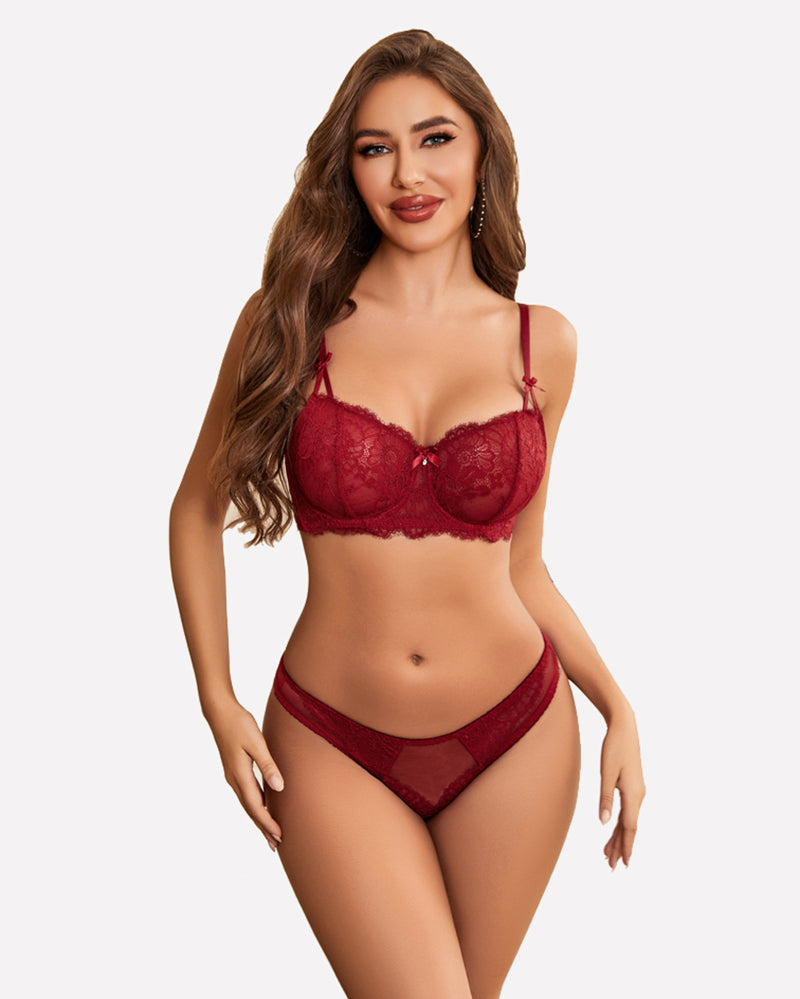 Dark red lace underwire bra and matching lace panty set with scalloped trim
