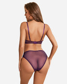 Purple lace bra and matching sheer panty set, back view with adjustable straps