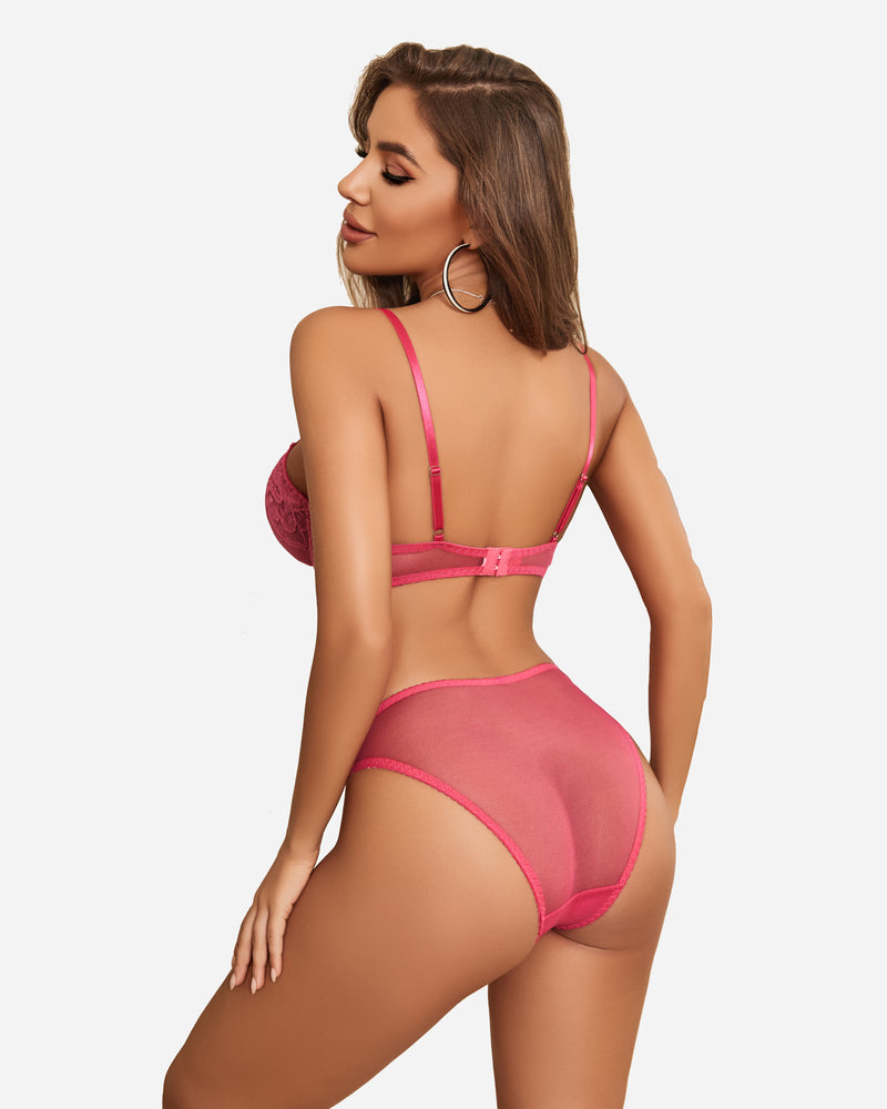 Back view of rose red lace bra and panty set with strappy waistband