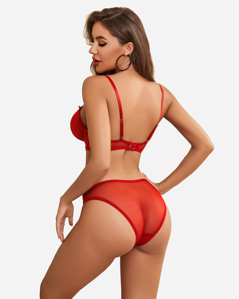 Back view of red lace bra and panty set with adjustable shoulder straps