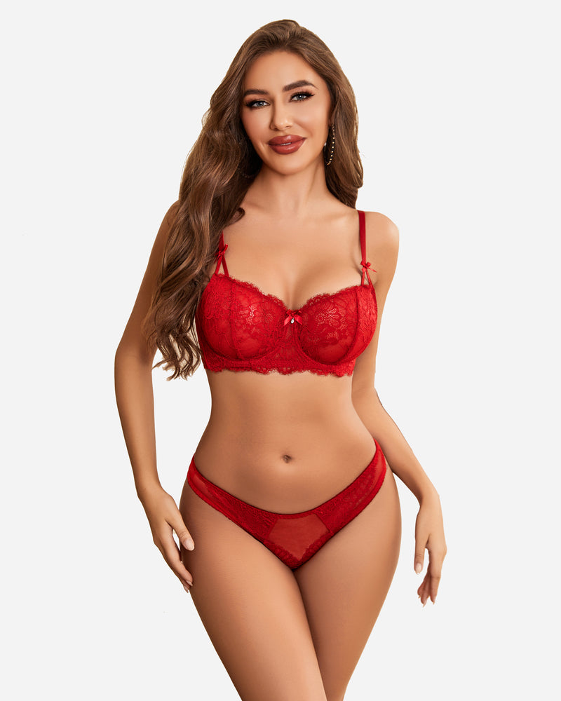 Red lace underwire bra and panty set with mesh thong-style briefs
