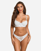 White lace underwire bra and panty set with mesh thong-style briefs