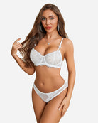 White lace underwire bra and panty set with lace-trim mesh briefs