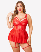 Red lace babydoll nighty with underwire cups, sheer skirt, and garter straps
