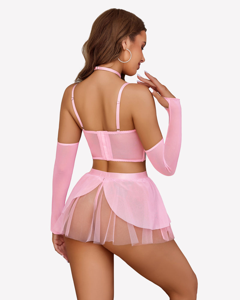 Pink chain-linked bustier lingerie set with strappy back and tulle mini skirt