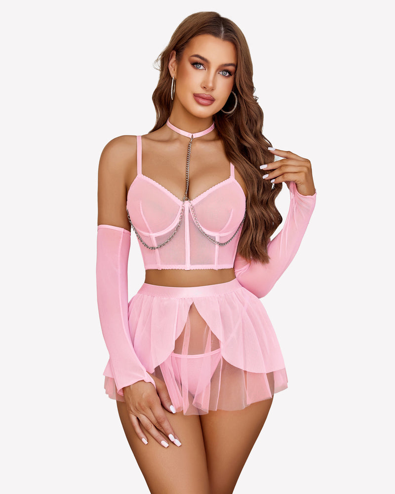 Pink chain-linked bustier lingerie set with sheer cups, long sleeves, and tulle mini skirt