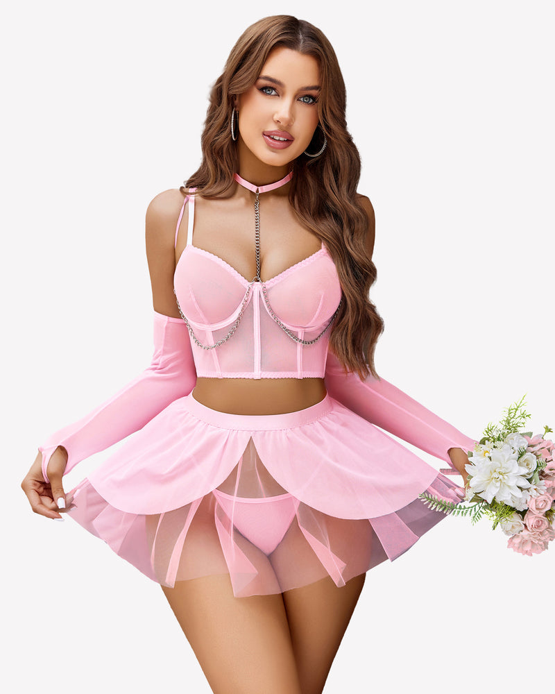 Pink chain-linked bustier lingerie set with sheer long sleeves and layered tulle mini skirt