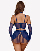 Blue chain-linked bustier lingerie set with strappy back and tulle mini skirt
