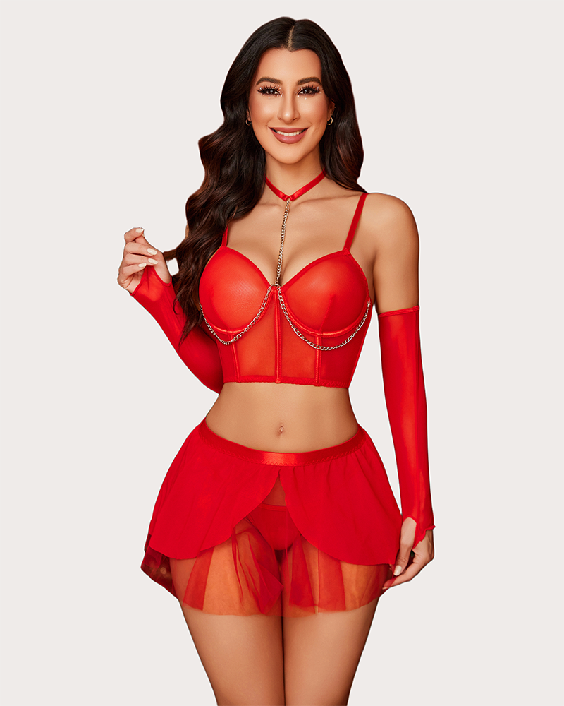 Red chain linked bustier with layered tulle mini skirt and sheer panel lingerie set