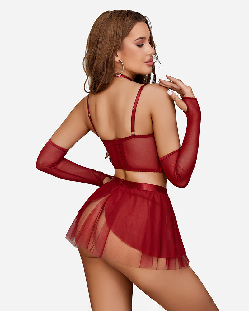 Wine red chain linked lingerie set with back straps and layered tulle mini skirt