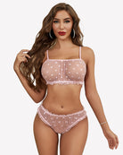 Light pink mesh bra and panty set with white polka dots and scalloped trim.